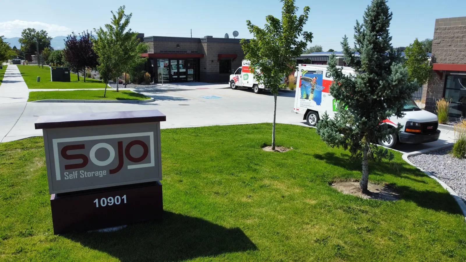 SoJo Self Storage monument sign at 10901 S Jordan Gateway, South Jordan, Utah