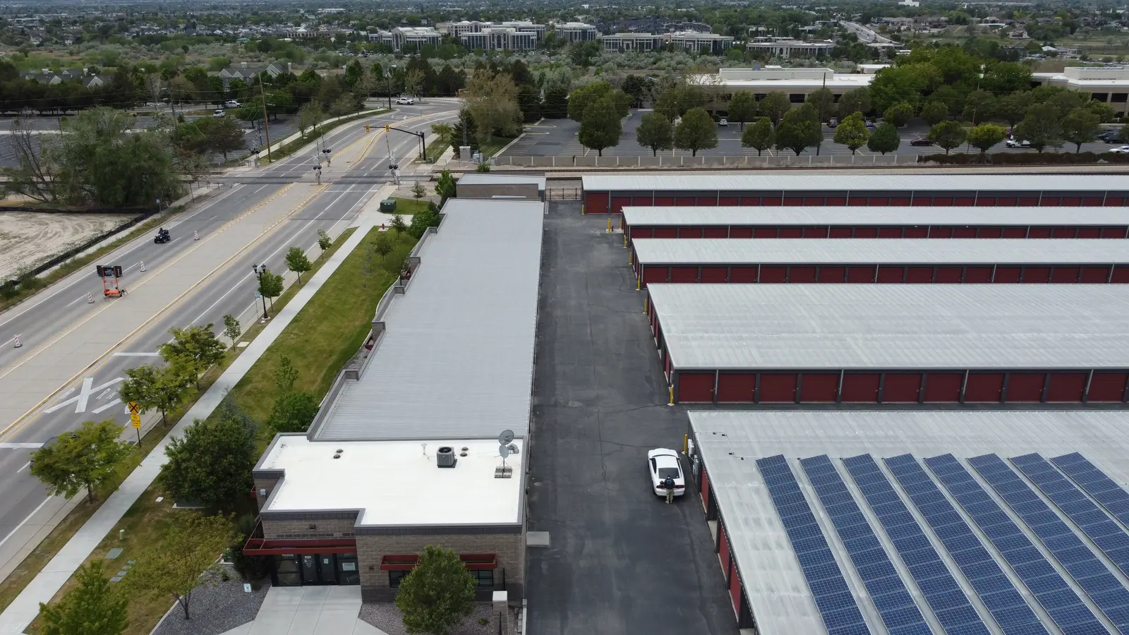 SoJo Self Storage drive-up storage rows and office with rooftop solar, South Jordan Utah