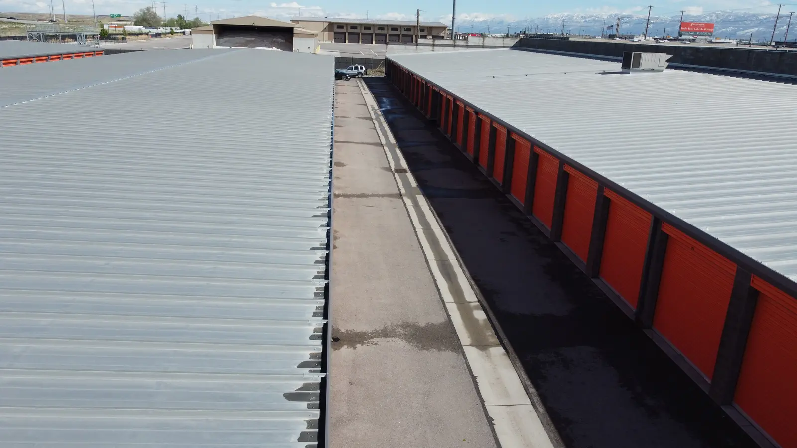 Long steel self-storage building perspective at The Storage Spot, West Valley City