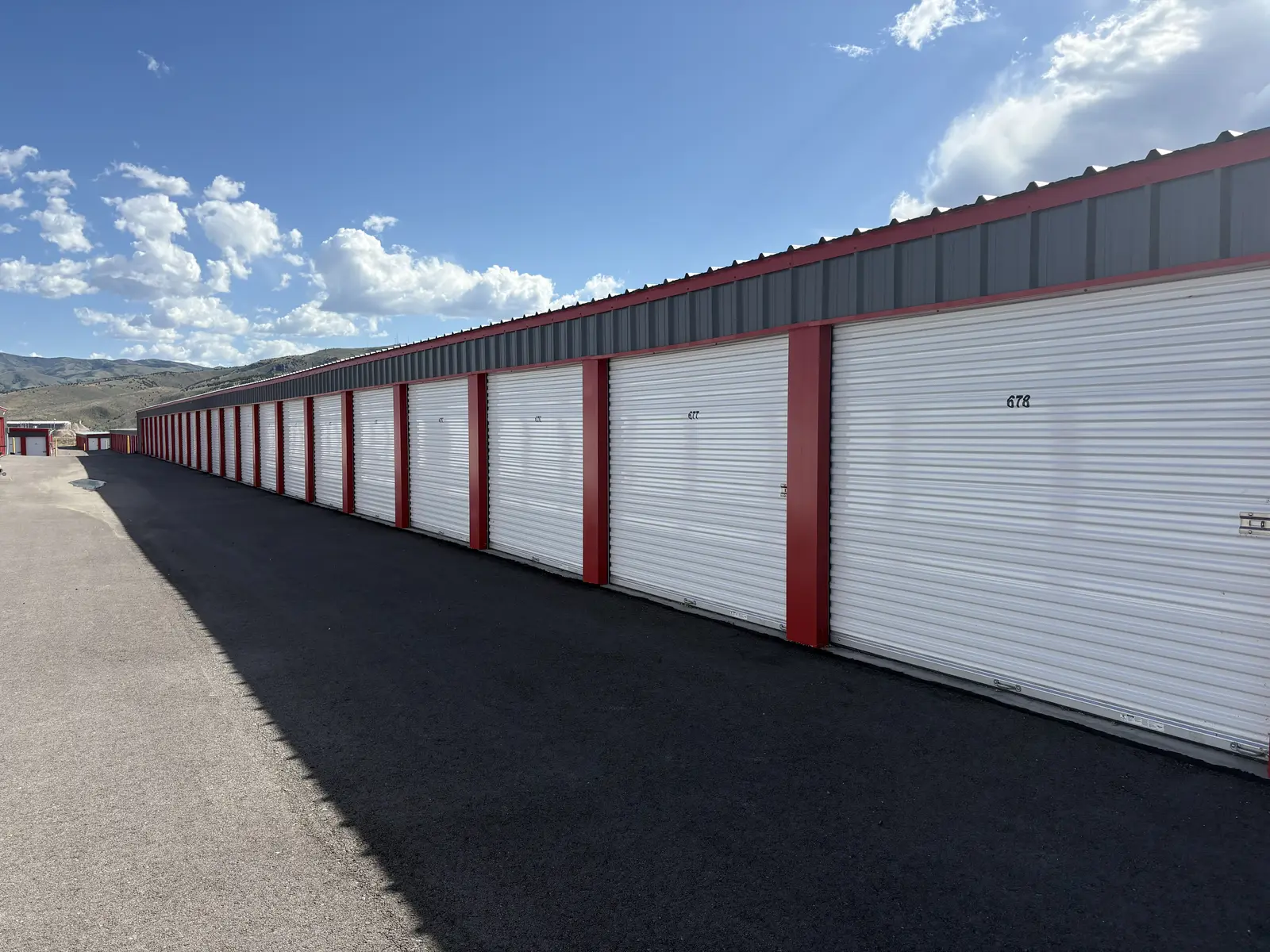 Rows of steel self-storage and boat and RV storage buildings near Pocatello, Idaho