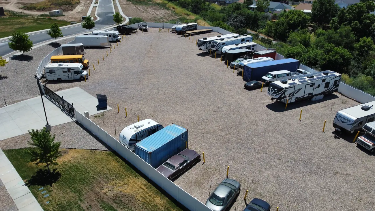 Boats and trailers stored at a Wasatch Structures boat and RV facility