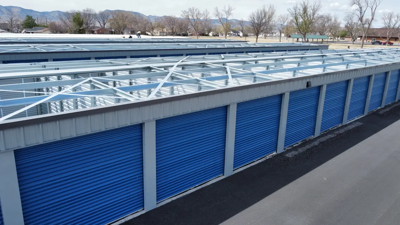 Self-storage kit steel framing over installed roll-up door units